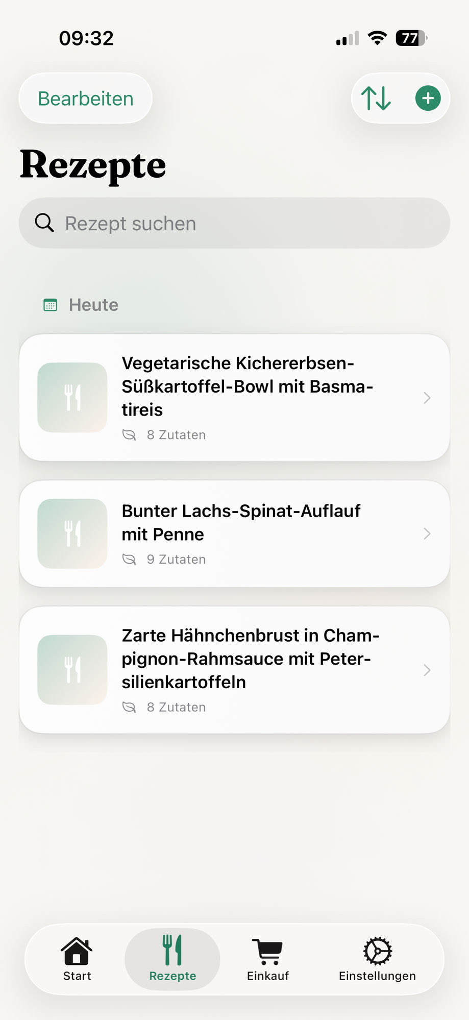 Rezepte-Ansicht in der KitchenPilot App