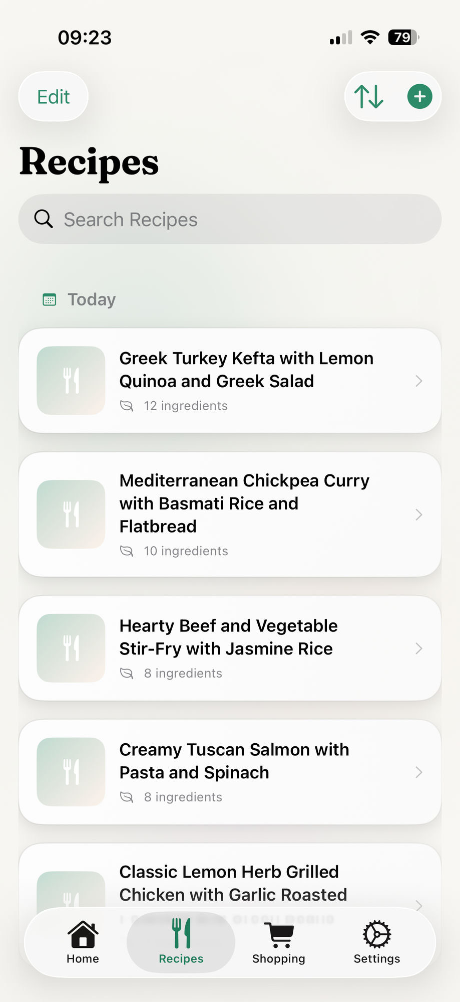 Recipes screen in the KitchenPilot app