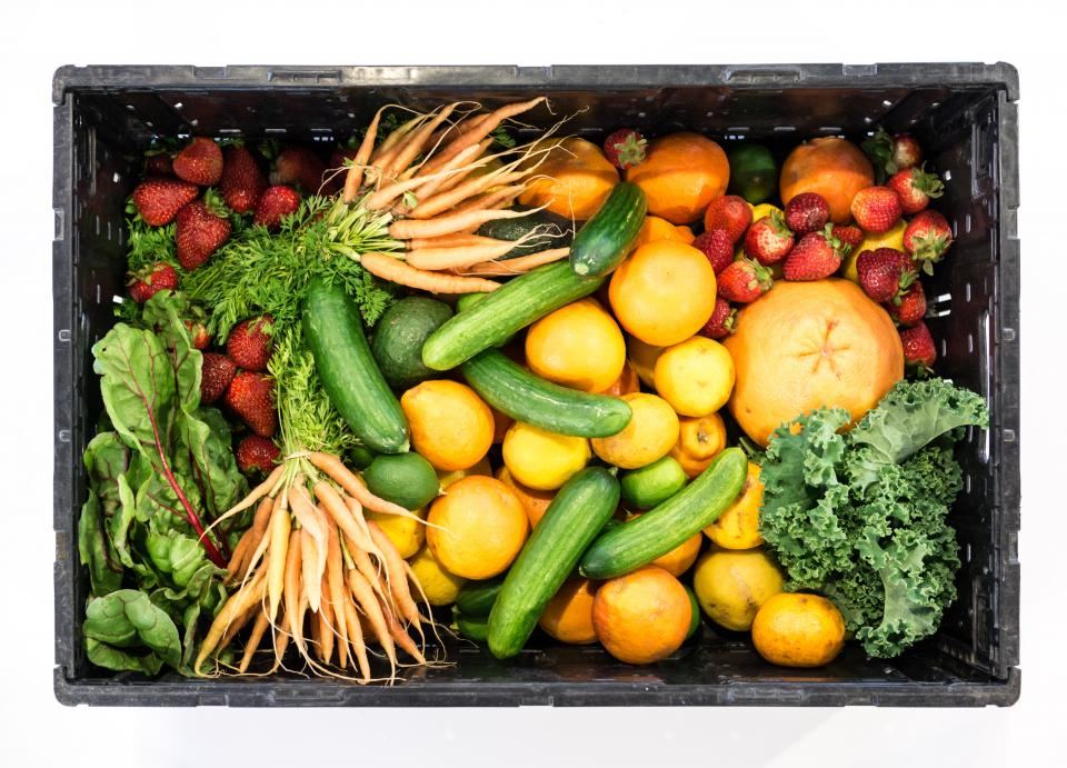Kiste mit frischem Obst und Gemüse wie Karotten, Gurken, Erdbeeren und Orangen